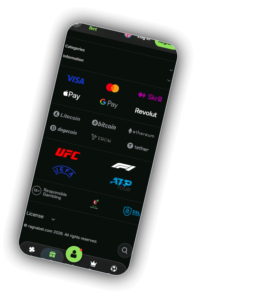 Footer van RagnaBet met logo's van kaarten, wallets en betaalapps, zes cryptomunten, vier sportlogo's en de badges 18+ en SSL Secured