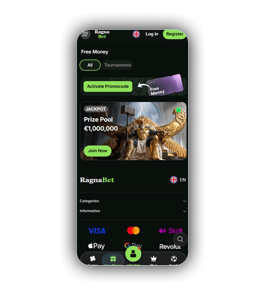 Scherm Free Money van RagnaBet met de filters All en Tournaments, de knop Activate Promocode en de JACKPOT kaart met Prize Pool van een miljoen euro