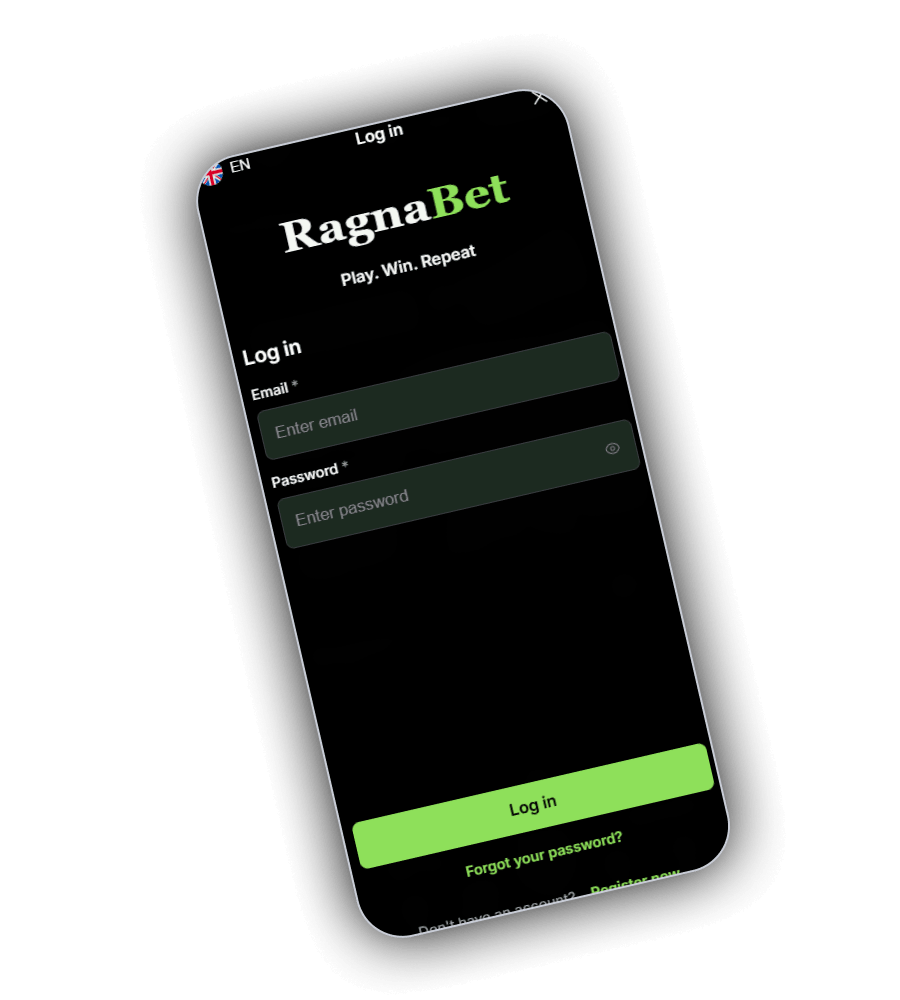 Inlogvenster van RagnaBet met de velden Email en Password, de groene knop Log in en de link Forgot your password