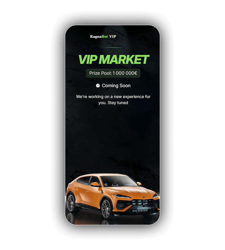 VIP Market van RagnaBet met de titel RagnaBet VIP, de groene kop VIP MARKET, een Prize Pool van een miljoen euro, een donker paneel en een oranje SUV